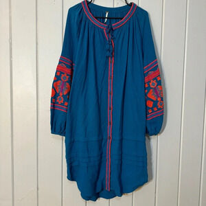 Free People In The Clear Embroidered Tunic Dress Oversized XS‎ Blue Orange